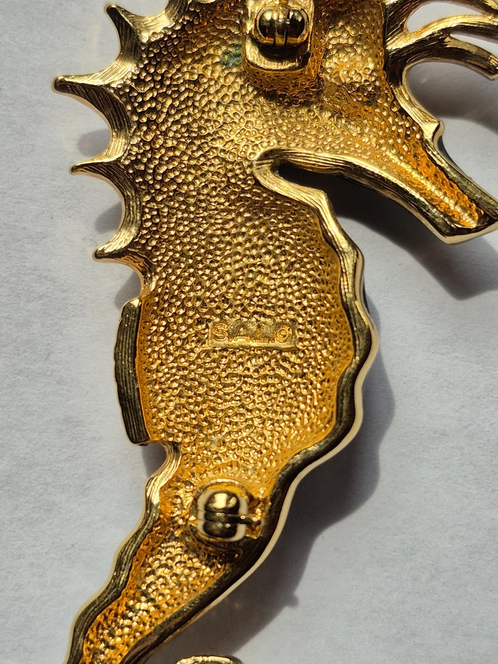 Vintage Signed SAL Swarovski Gold and Black Enamel Seahorse Brooch